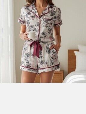 Victoria's Secret  Satin Floral Short Sleeve Romper with Contrast Piping